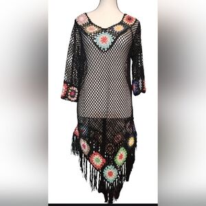India Boutique Black Crochet Poncho with Multicolor Accents